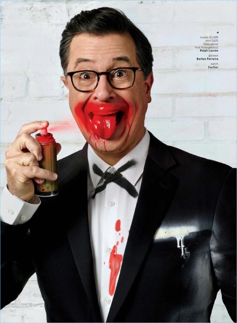 Donning Barton Perreira glasses, Stephen Colbert also wears a Ralph Lauren tuxedo.