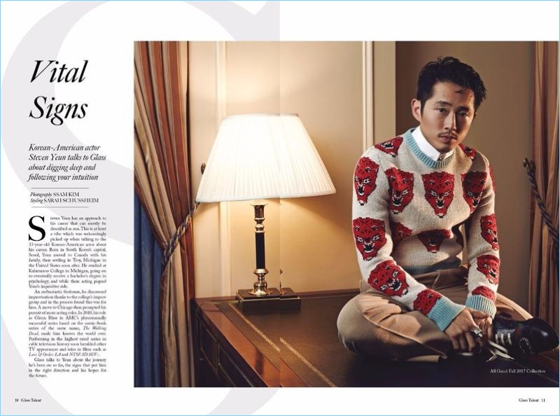 Wearing Gucci, Steven Yeun graces the pages of Glass Men.