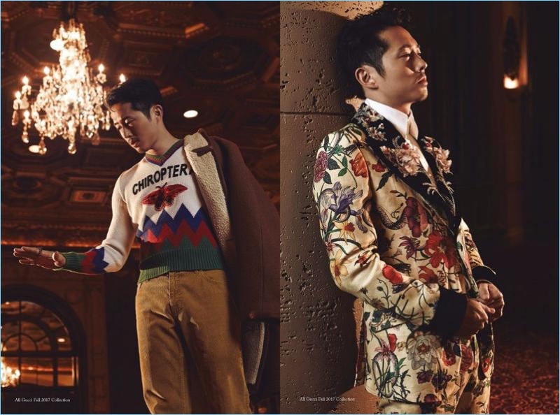 Steven Yeun dons a dandy wardrobe from Gucci for Glass Men.