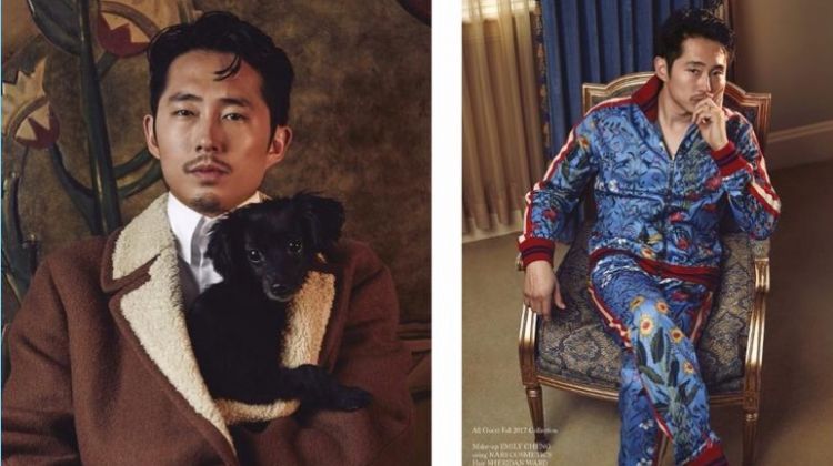 Clad in Gucci, Steven Yeun stars in a photo shoot for Glass Men.