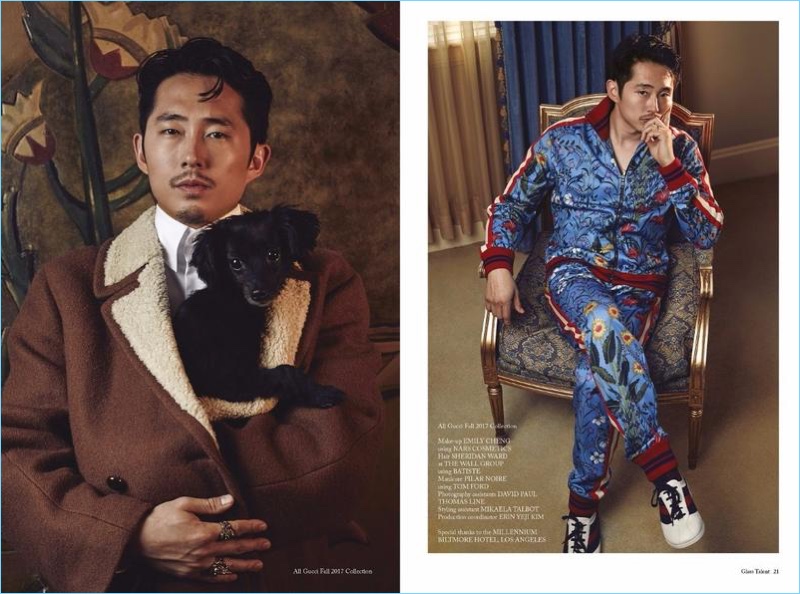 Clad in Gucci, Steven Yeun stars in a photo shoot for Glass Men.