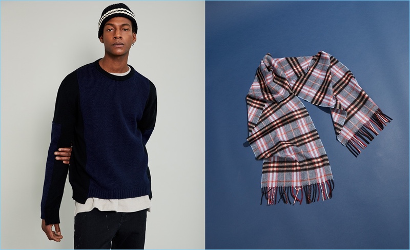 Going casual, Ty Ogunkoya sports a Stella McCartney sweater with a Fanmail t-shirt. He also wears Saint Laurent jeans and a Junya Watanabe knit beanie. Pictured right is a Burberry checked scarf.