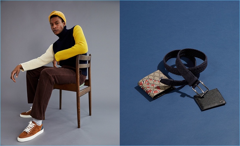 Making a case for yellow, Ty Ogunkoya wears a Calvin Klein sweater and Raey knit beanie. The top model also sports Fanmail corduroy pants and Brunello Cucinelli sneakers. Showcasing accessories, Matches Fashion spotlights wallets by Gucci and Prada. The retailer also features a Tod's suede belt.