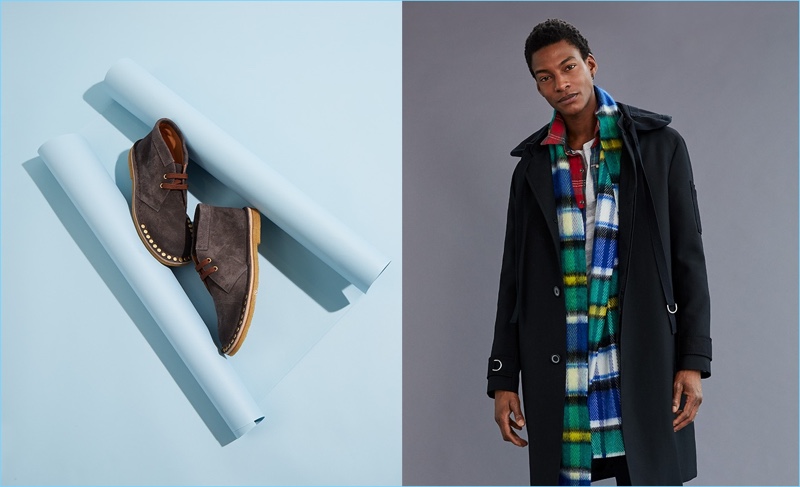 Sporting a colorful Burberry scarf, Ty Ogunkoya wears a Lanvin coat, POLO Ralph Lauren shirt, Sørensen t-shirt, and Saint Laurent jeans. Prada desert boots share the spotlight.