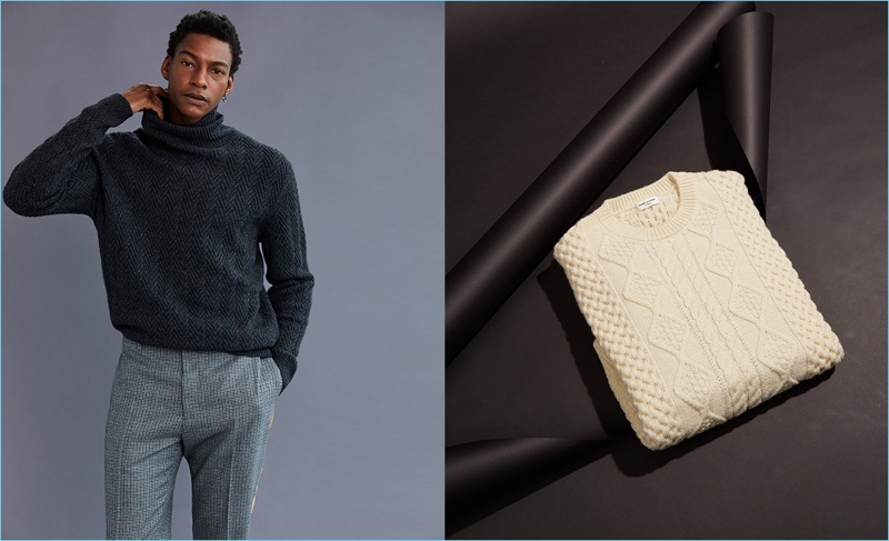 A smart vision, Ty Ogunkoya wears an Ermenegildo Zegna turtleneck sweater and Calvin Klein trousers. Pictured right is a Saint Laurent cable-knit sweater.