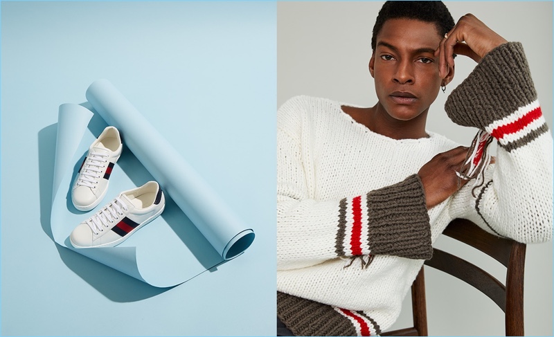Simply chic, Ty Ogunkoya rocks a Maison Margiela sweater. Left, Matches Fashion features a pair of Gucci sneakers.