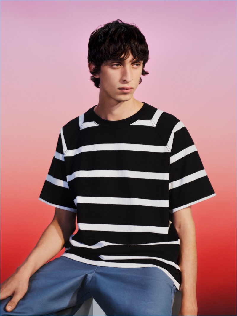 Uniqlo U goes boxy for spring with a black and white striped t-shirt.