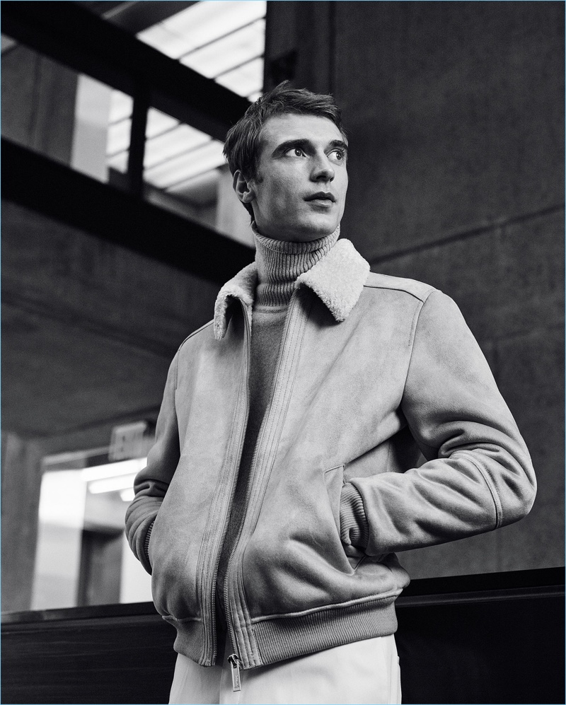 Clément Chabernaud wears a shearling jacket and turtleneck by Zara Man.