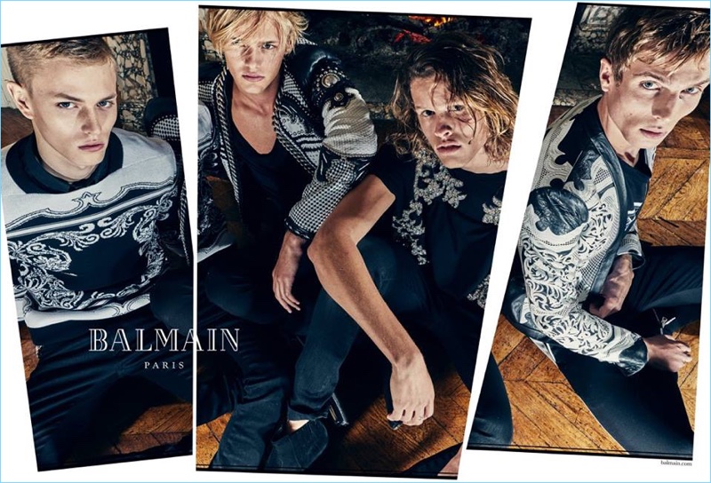 Models Davy Swart, Emil Wikstrom, Ariel Rosa, and Maxime Findeling front Balmain's spring-summer 2018 campaign.