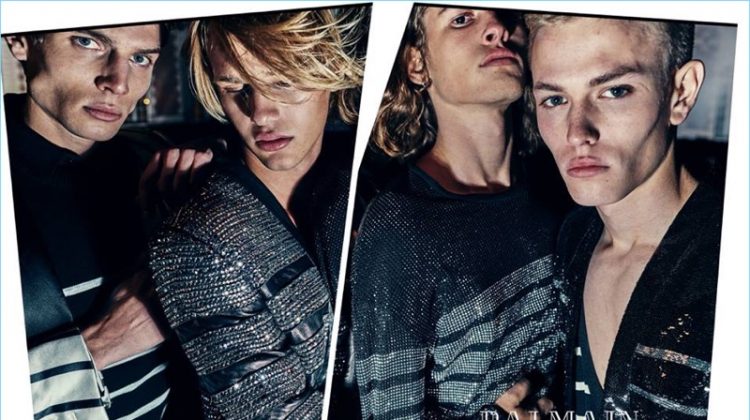 Balmain enlists Maxime Findeling, Emil Wikstrom, Ariel Rosa, and Davy Swart to star in its spring-summer 2018 campaign.
