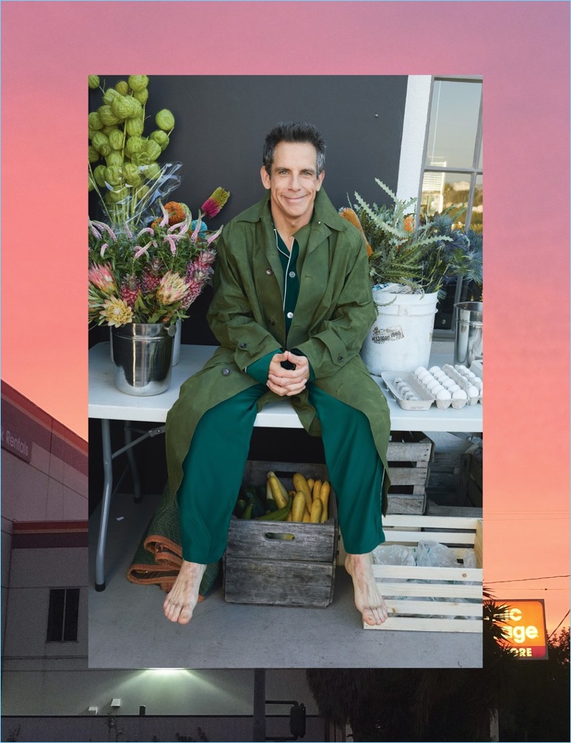 Ben Stiller wears a Gucci coat with Olatz pajamas.