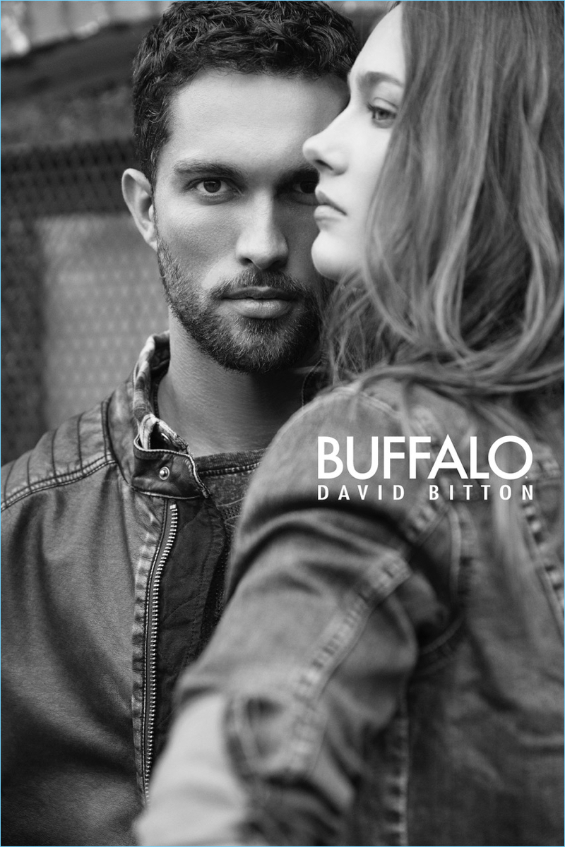 Models Tobias Sørensen and Karmen Pedaru come together for Buffalo David Bitton.