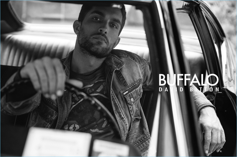 Getting behind the wheel of a vintage car, Tobias Sørensen fronts a Buffalo David Bitton campaign.