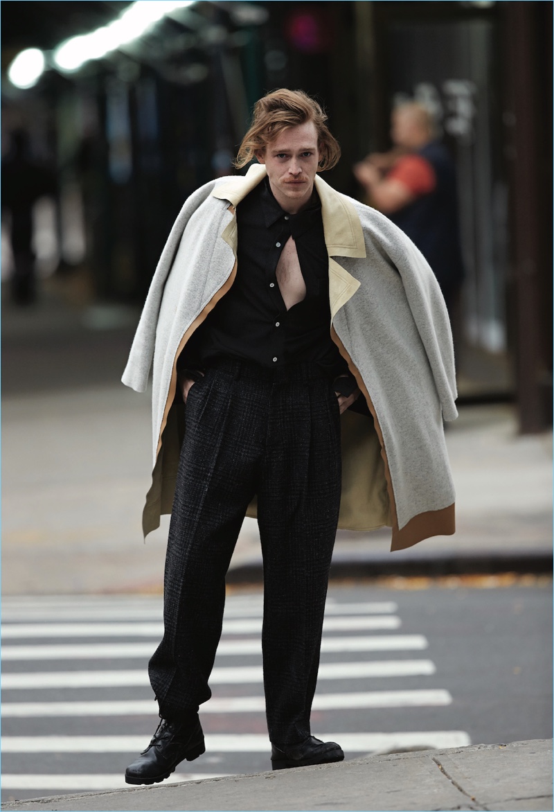 Connecting with Un-Titled Project, Caleb Landry Jones wears clothing by N. Hoolywood with his own boots.