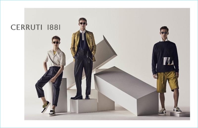 Models Kit Butler, Christopher Einla, and David Trulik appear in Cerruti 1881's spring-summer 2018 campaign.