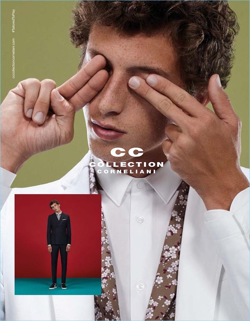 Emilio Tini photographs Alexis Maçon-Dauxerre for Corneliani's CC Collection spring-summer 2018 campaign.