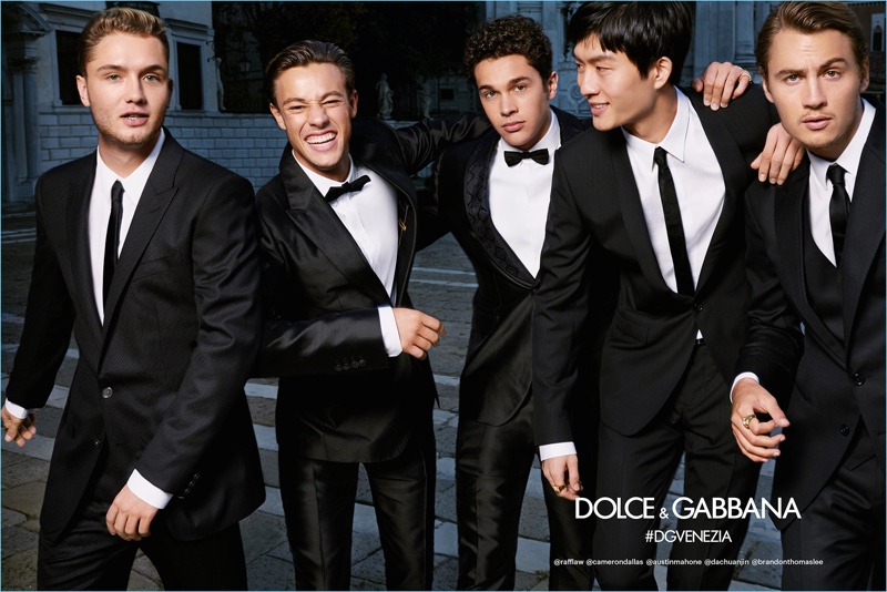 Rafferty Law, Cameron Dallas, Austin Mahone, Jin Dachuan, and Brandon Thomas Lee don tuxedos for Dolce & Gabbana's spring-summer 2018 campaign.