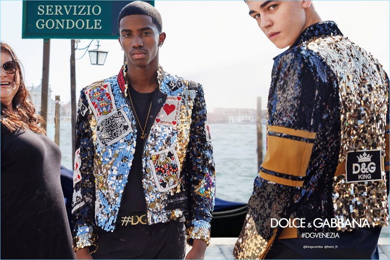 Making a sequined style statement, Christian Combs and Hero Fiennes Tiffin star in Dolce & Gabbana's spring-summer 2018 campaign.