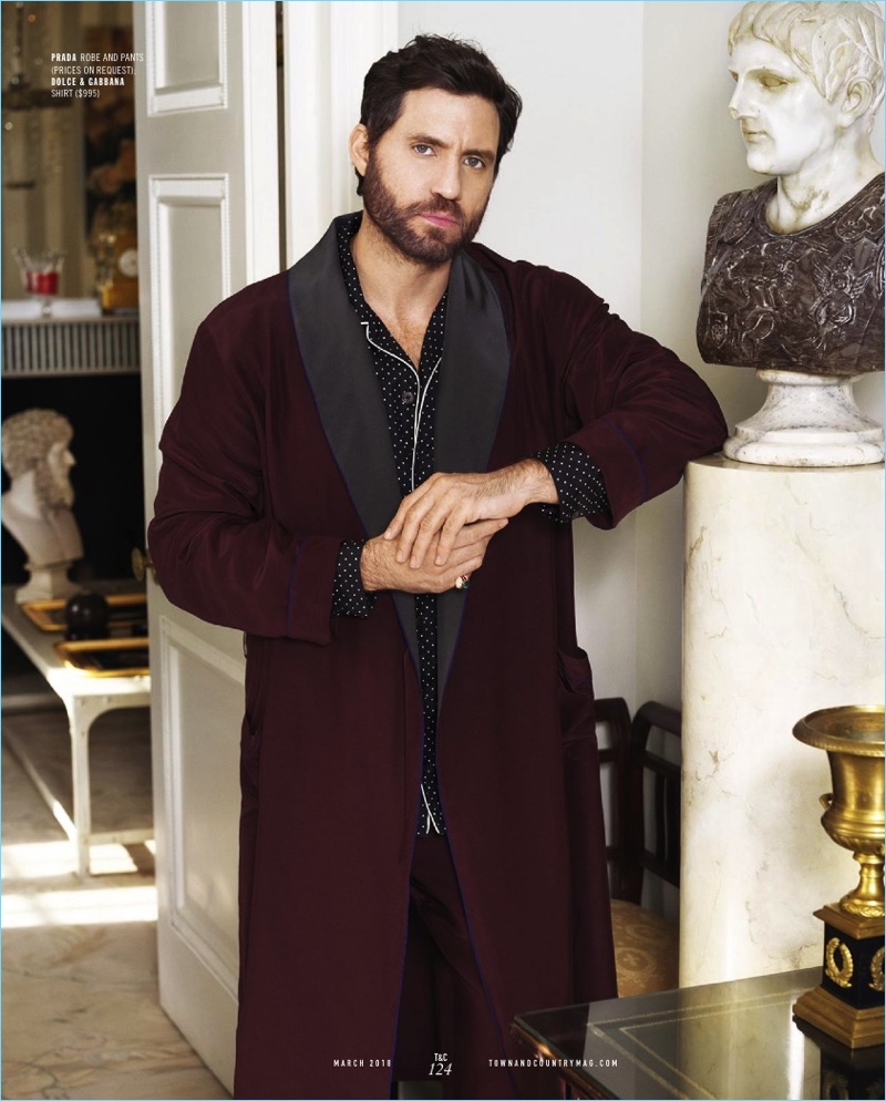 Édgar Ramirez dons a robe and pants by Prada with a Dolce & Gabbana shirt.