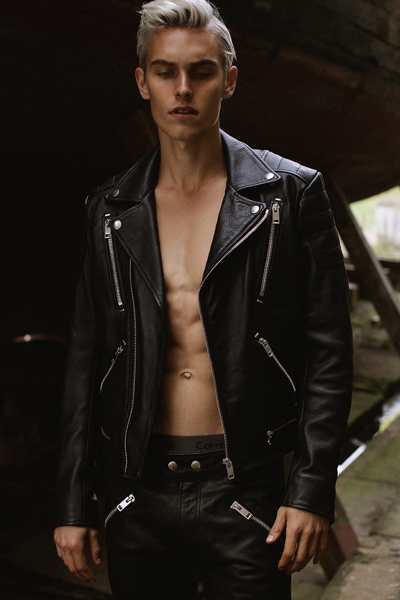 Otto wears underwear Calvin Klein, leather jacket and pants Diesel.