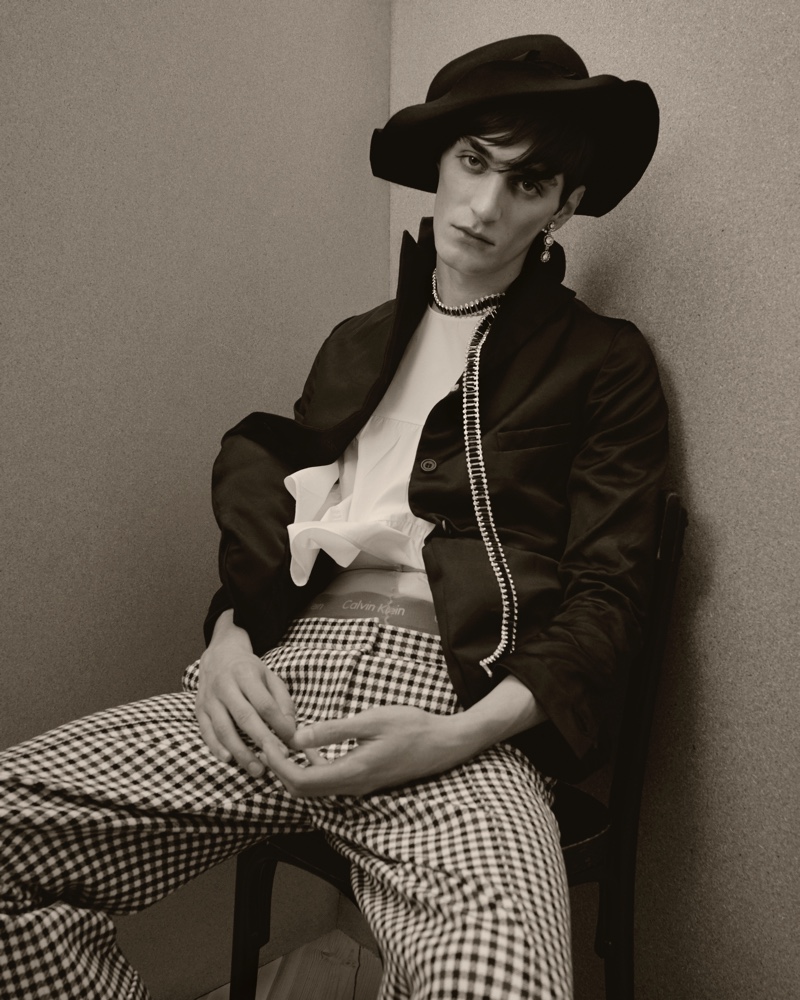 Mihai wears hat Elena Dawson, blazer Paul Harnden Shoemakers, underwear Calvin Klein, and trousers Céline.