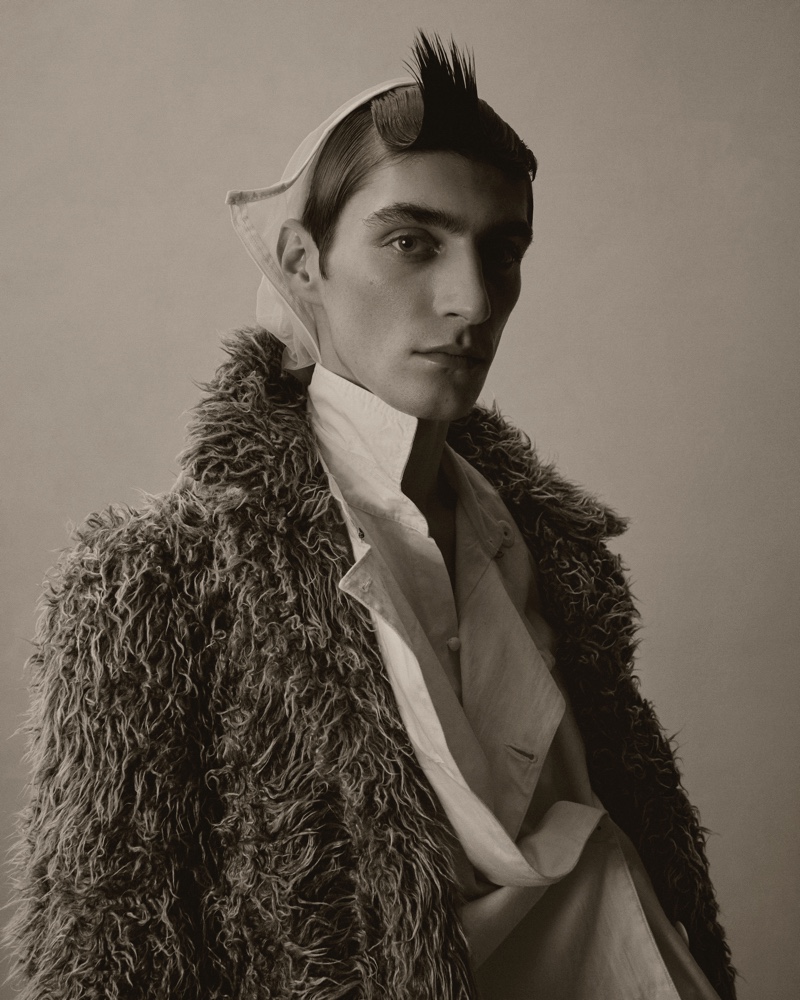 Mihai wears shirt Egg by Maureen Doherty and faux fur Comme des Garçons.