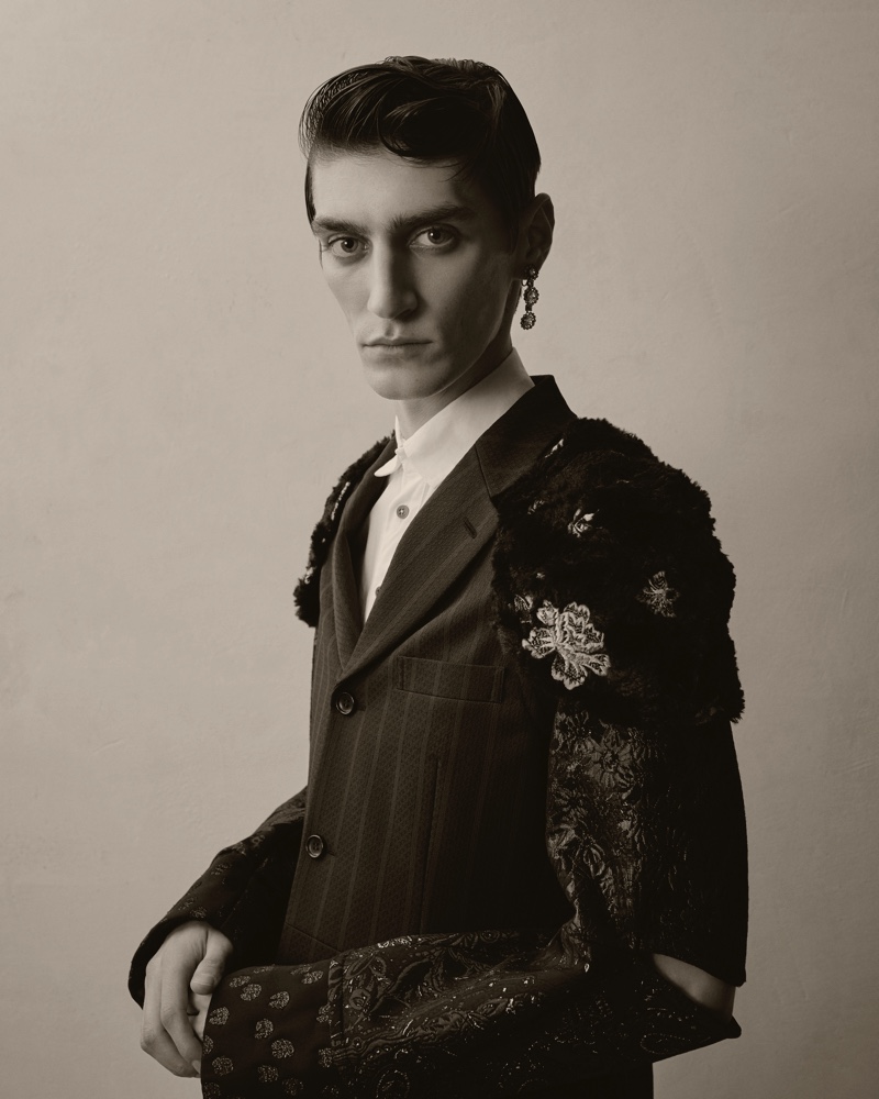 Mihai wears embellished blazer Comme des Garçons and shirt Mads Dinesen.