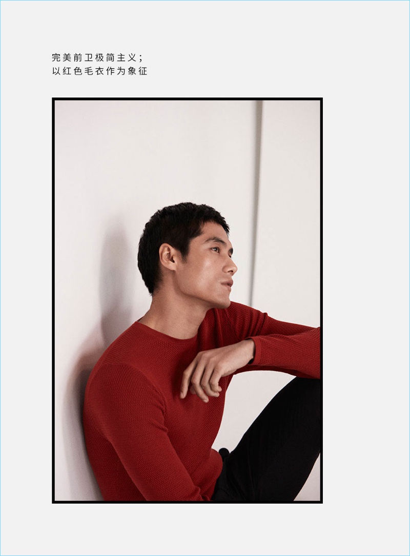 Model Hao Yun Xiang wears red and black fashions by Massimo Dutti.