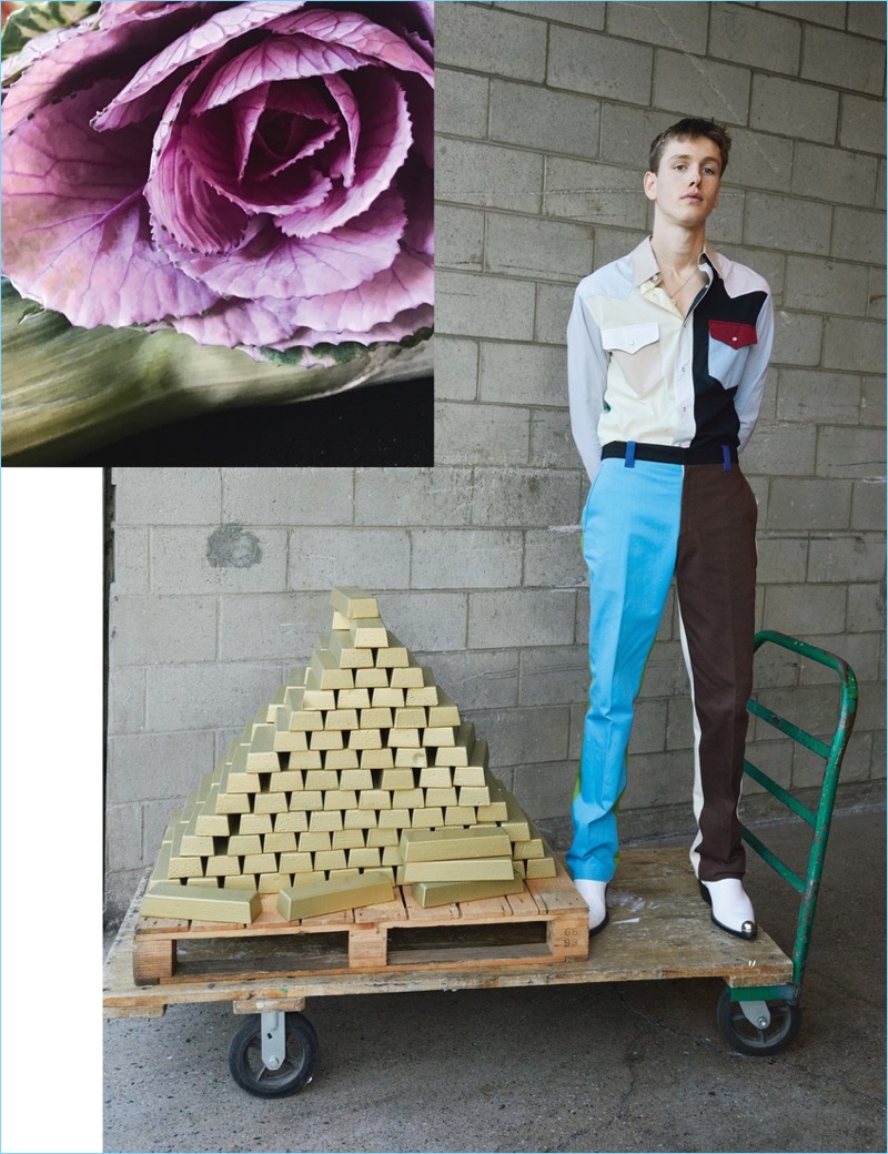 Harris Dickinson wears a Calvin Klein 205W39NYC shirt, pants, and boots.