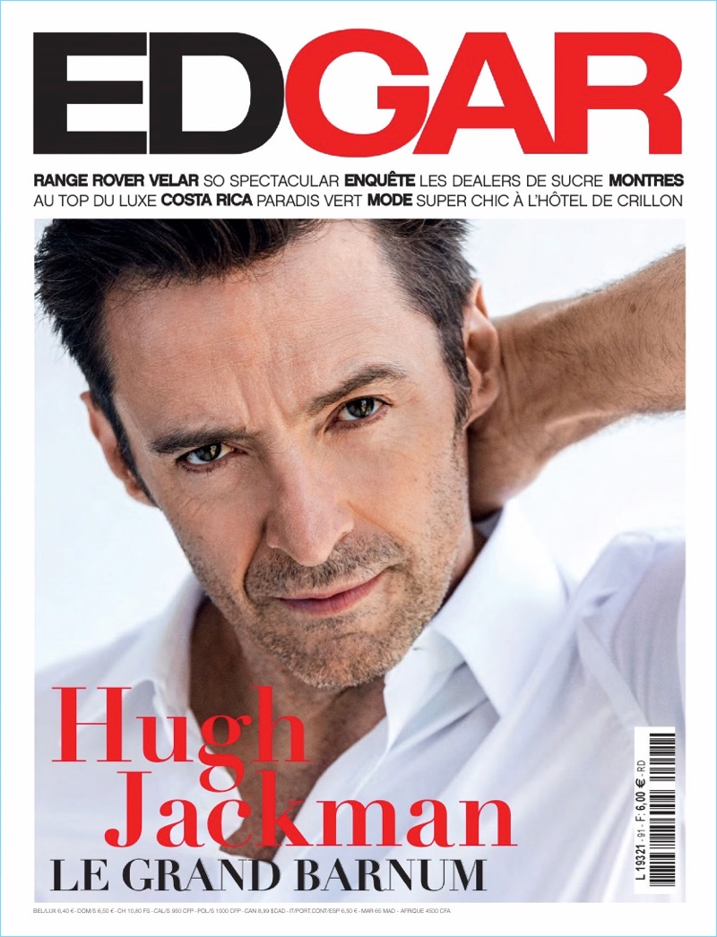 Wearing a crisp white shirt, Hugh Jackman covers Edgar magazine.