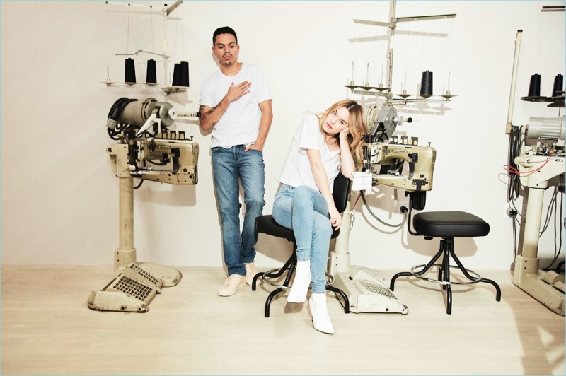 Camille Row and Evan Ross connect with J Brand for a style feature. Ross wears the brand's Tyler slim-fit jeans in Hammerhead. Meanwhile, Row sports J Brand's 620 mid-rise super skinny jeans in Everlasting.