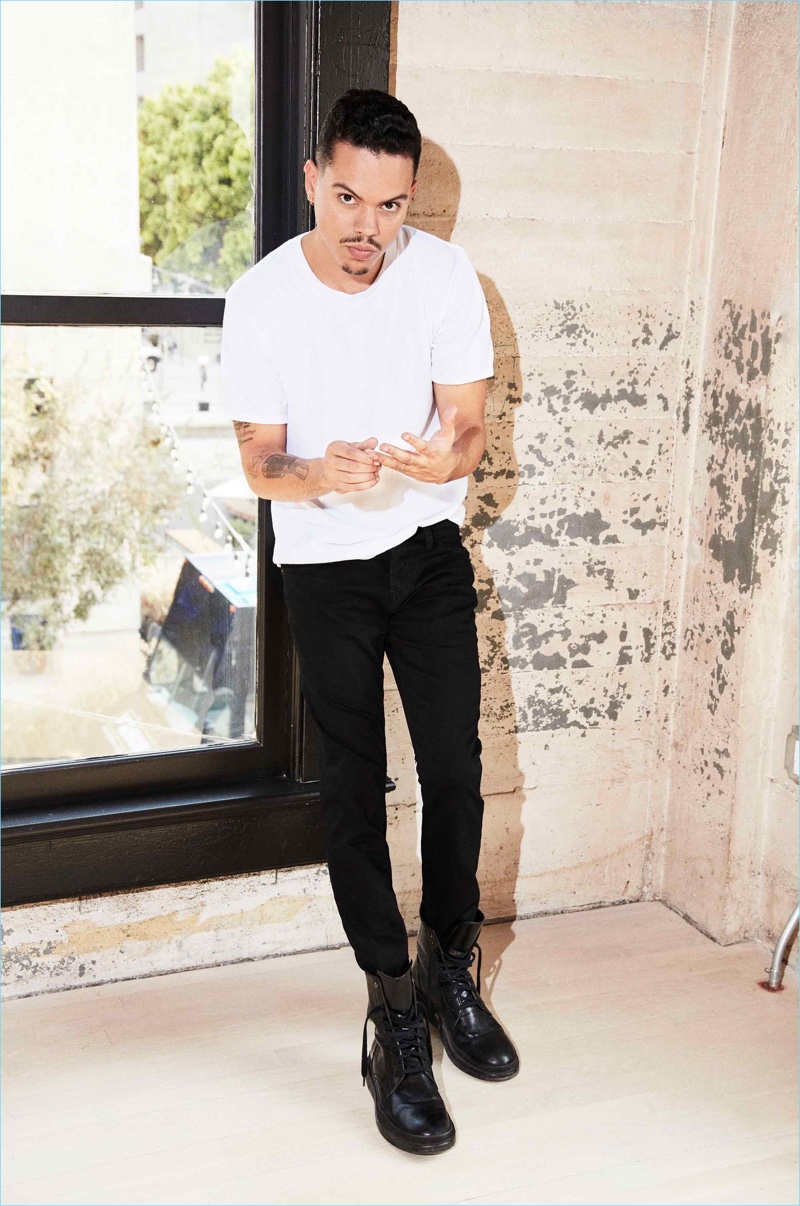 A relaxed vision, Evan Ross wears J Brand Mick skinny fit jeans in Trivor.