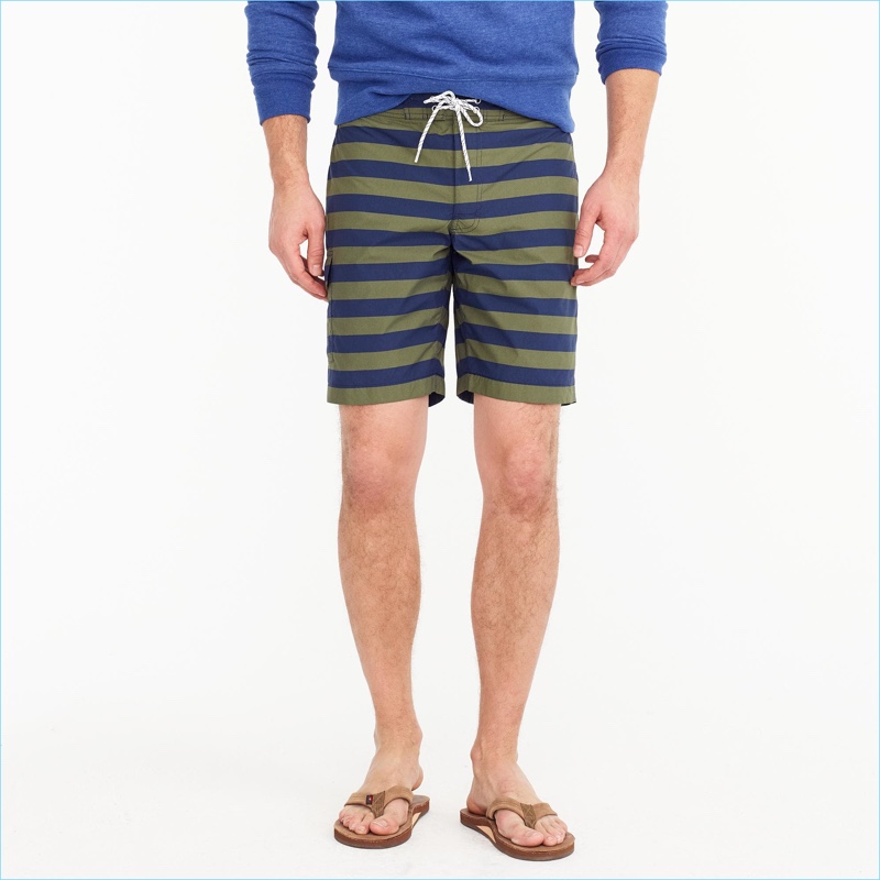 J.Crew Men's Olive Green and Navy Stripe Board Shorts 