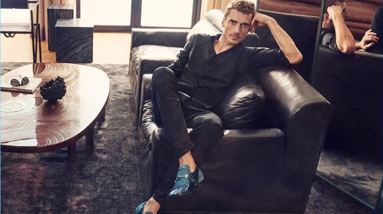 Clément Chabernaud dons Jimmy Choo's "Tim" loafers for the brand's spring-summer 2018 campaign.