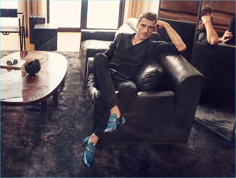 Clément Chabernaud dons Jimmy Choo's "Tim" loafers for the brand's spring-summer 2018 campaign.