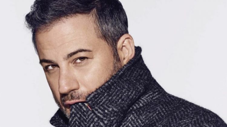 Starring in a photo shoot, Jimmy Kimmel wears a Prada coat and shirt.