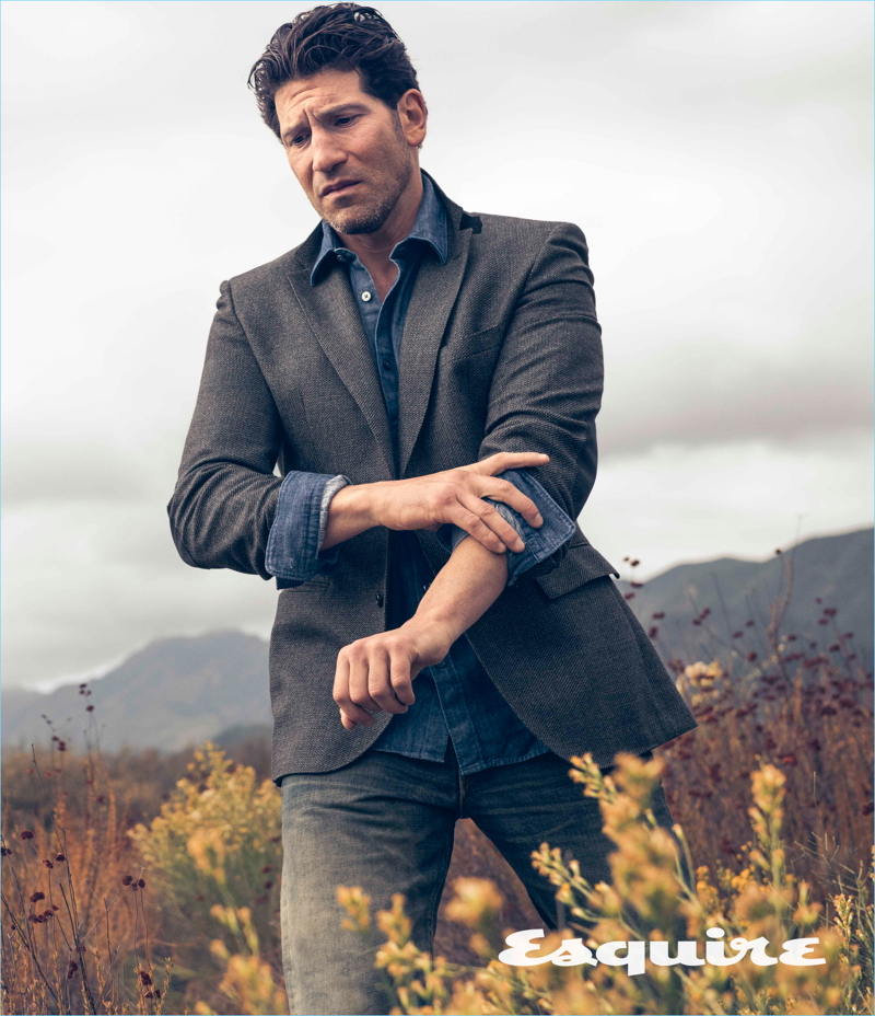 Actor Jon Bernthal wears a BOSS jacket and shirt with Simon Miller jeans.