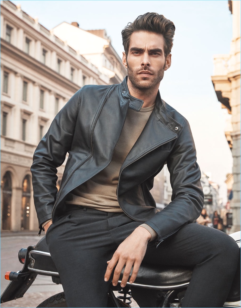 Spanish model Jon Kortajarena rocks a leather jacket for Liu Jo Uomo's spring-summer 2018 campaign.