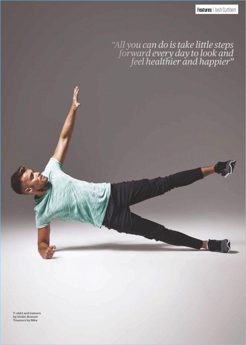 Working out in Nike pants, Josh Cuthbert wears a t-shirt and sneakers by Under Armour as well.