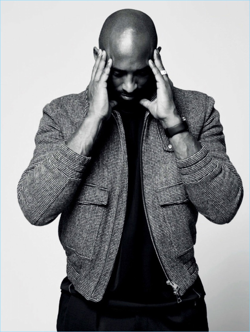 Connecting with L'Officiel Hommes Paris, Kobe Bryant wears a tweed jacket and pants by AMI with a Lanvin t-shirt.