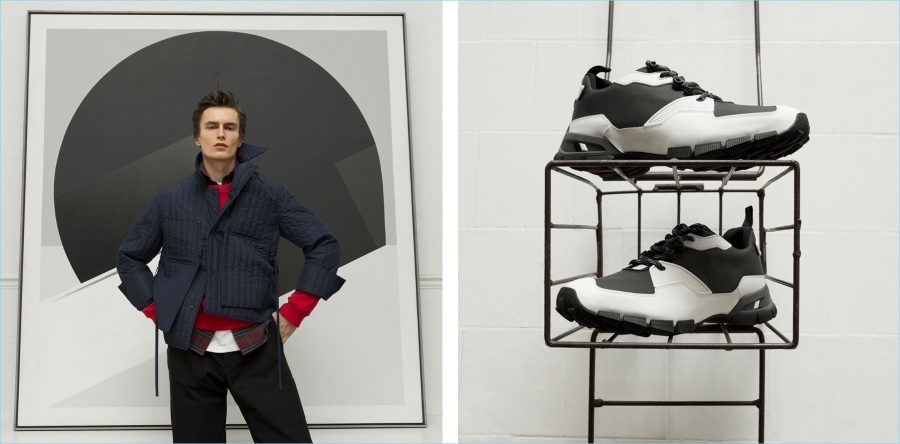 Left: Posing front and center, Jack Chambers wears a quilted Craig Green jacket with a red J.W. Anderson sweatshirt. A Burberry check shirt, Martine Rose t-shirt, and Oliver Spencer trousers complete his look. Right: Prada mesh sneakers.