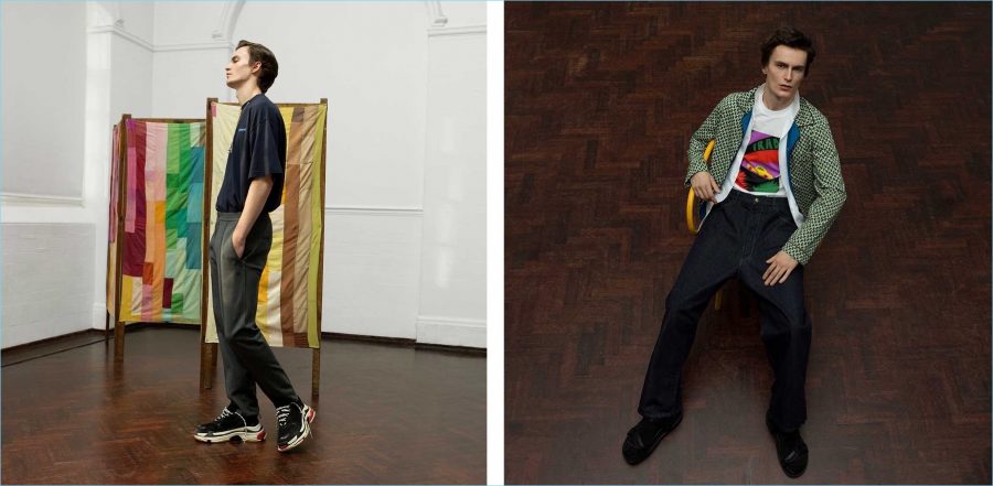 Left: Jack Chambers wears a Vetements t-shirt with Lanvin track pants and Balenciaga sneakers. Right: The British model sports a geometric print pajama shirt, polo, and car-print t-shirt by Prada. He also rocks Marni wide-leg jeans and Maison Margiela leather sandals.