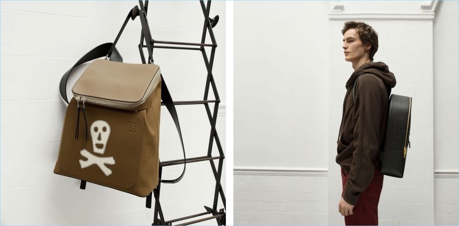 Left: Loewe leather backpack. Right: Jack Chambers wears a Maison Margiela hooded sweatshirt with Valentino straight-leg jeans and a Thom Browne leather backpack.