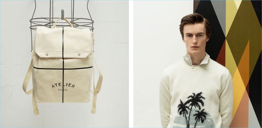 Left: Maison Margiela printed canvas backpack. Right: Jack Chambers sports a palm tree sweater by Saint Laurent with a Balenciaga shirt.