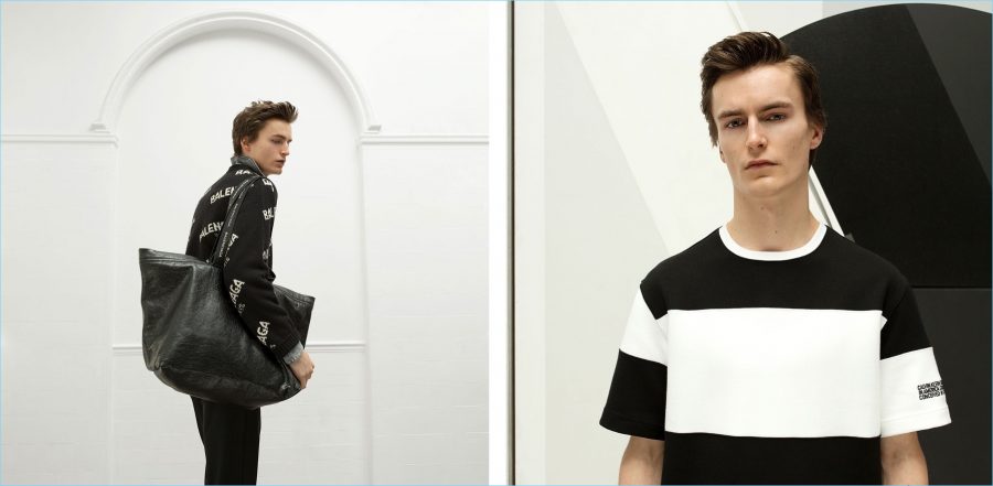 Left: Wearing a Balenciaga logo sweater, Jack Chambers takes hold of one of the brand's leather bags. Jack also wears a bleached denim shirt by Valentino. Right: Model Jack Chambers wears a Calvin Klein striped t-shirt.