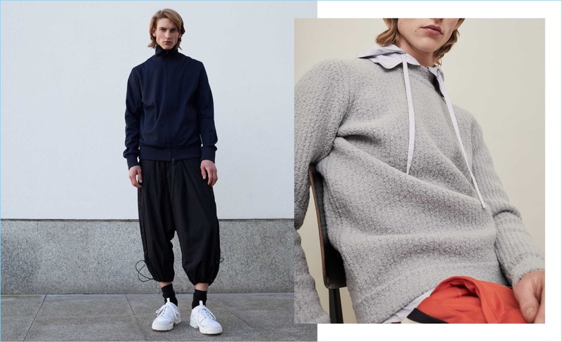 Modern proportions make a strong impact. Left: Thom Voorintholt models a jacket and dropped crotch track pants by Y-3 with AMI sneakers. Right: Sitting for a photo, Thom wears a Craig Green sweater and shirt with Gucci track pants.