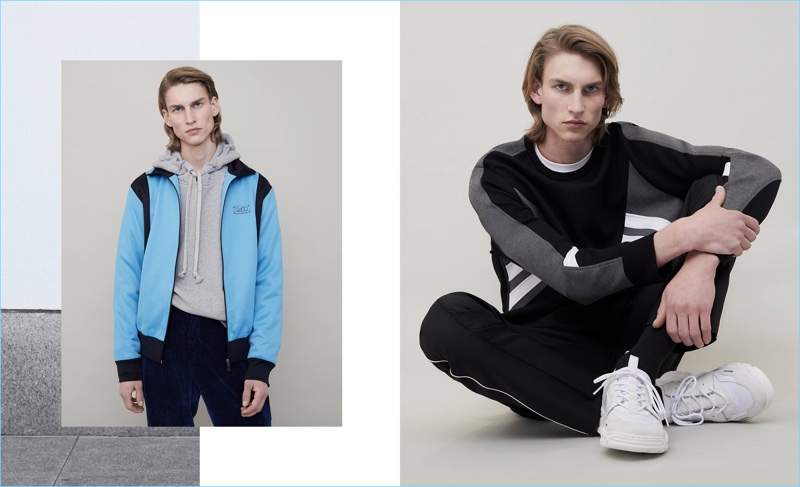 Matches Fashion makes a case for color blocking. Left: Thom Voorintholt wears a sweatshirt, jacket, and track pants by Gucci. Right: He sports a Neil Barrett sweatshirt with a Lanvin t-shirt. Thom also rocks Valentino trousers and AMI sneakers.