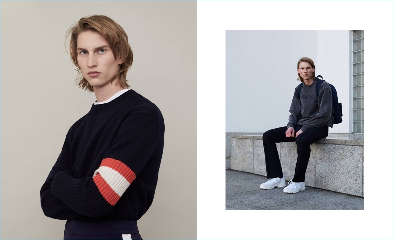 Simple style reigns with the right pieces. Left: Thom Voorintholt wears a Calvin Klein sweater, Lanvin t-shirt, and Valentino track pants. Right: Heading out, Thom wears a sweatshirt, backpack, and pants by Balenciaga. White AMI sneakers complete his look.