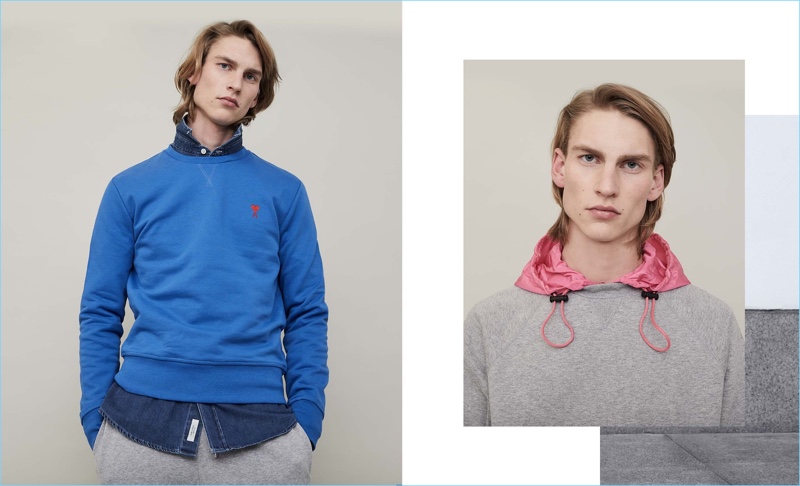 Left: Layering with essentials, Thom Voorintholt wears an AMI sweatshirt with a Paul Smith chambray shirt and Sunspel pants. Right: The model rocks a Valentino contrast hood sweatshirt.