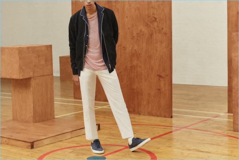 Officine Generale delivers classics such as a suede bomber jacket, piped shirt, linen t-shirt, and chinos. Mr Porter completes the smart casual look with Common Projects sneakers.